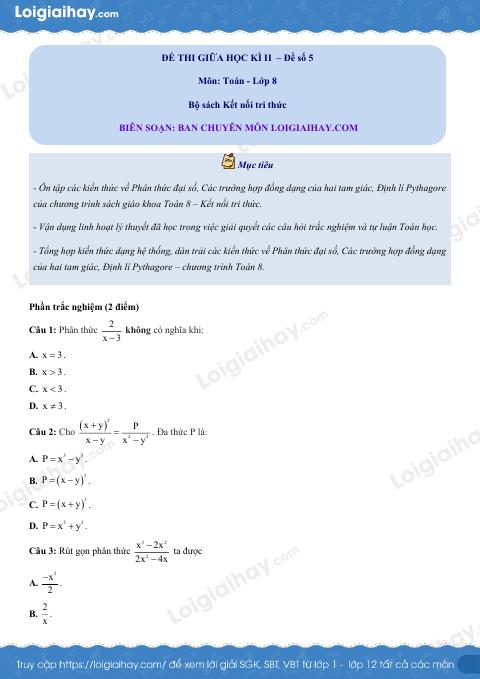 Đề thi giữa kì 2 Toán 8 - Đề số 5 - Kết nối tri thức